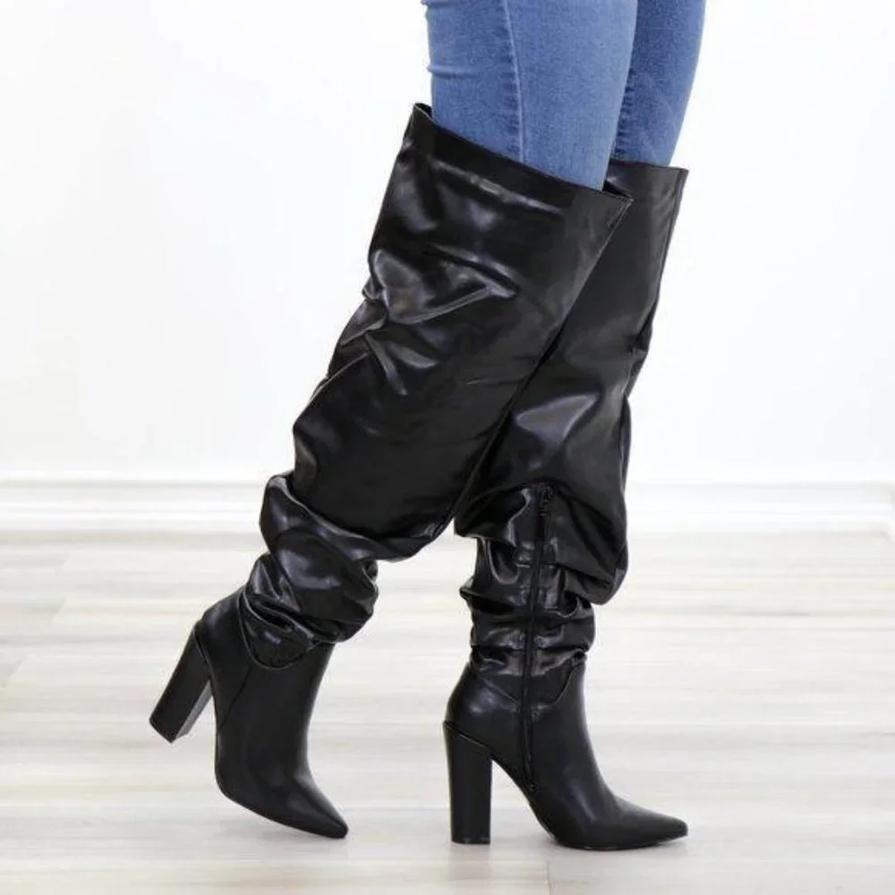 Black Synthetic Leather Thigh High Trendy Boots - Picture 12 of 15
